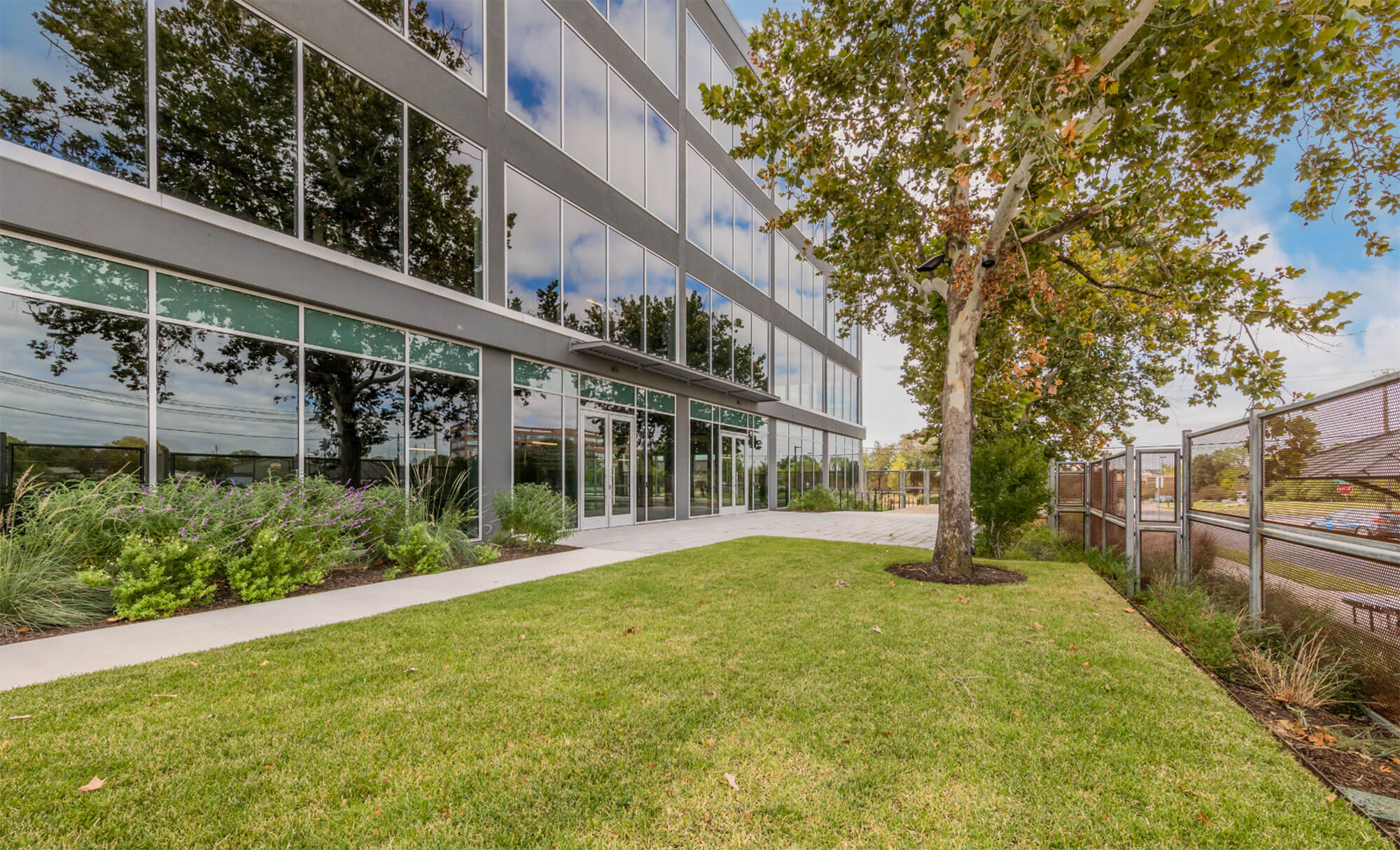 Side entrance of an office building with glass panels and landscaped garden
