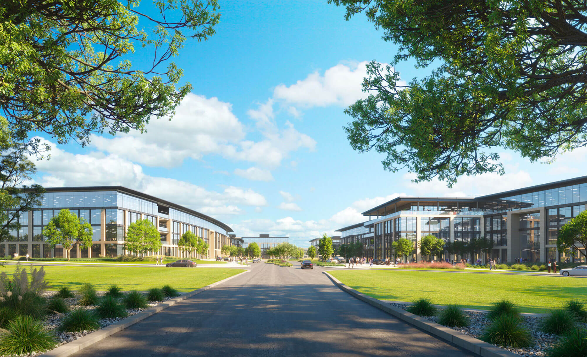 Duval office park's welcoming roadway with lush landscaping and modern architecture