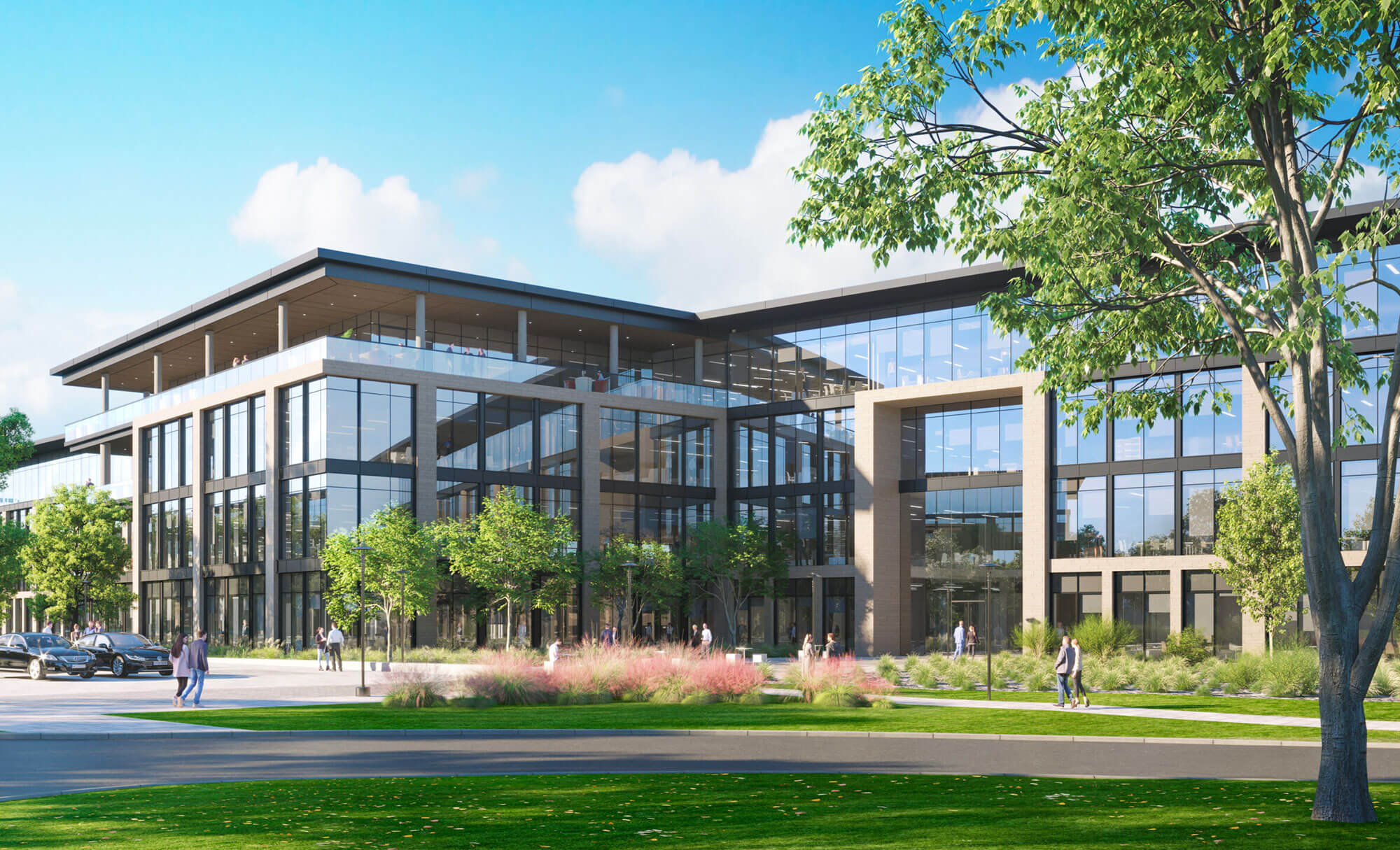 Modern office building at Duval featuring large windows and landscaped surroundings