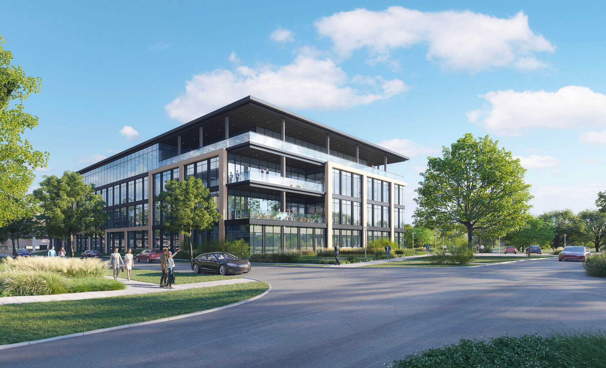 Duval office building with glass facade, surrounded by trees and a curved road