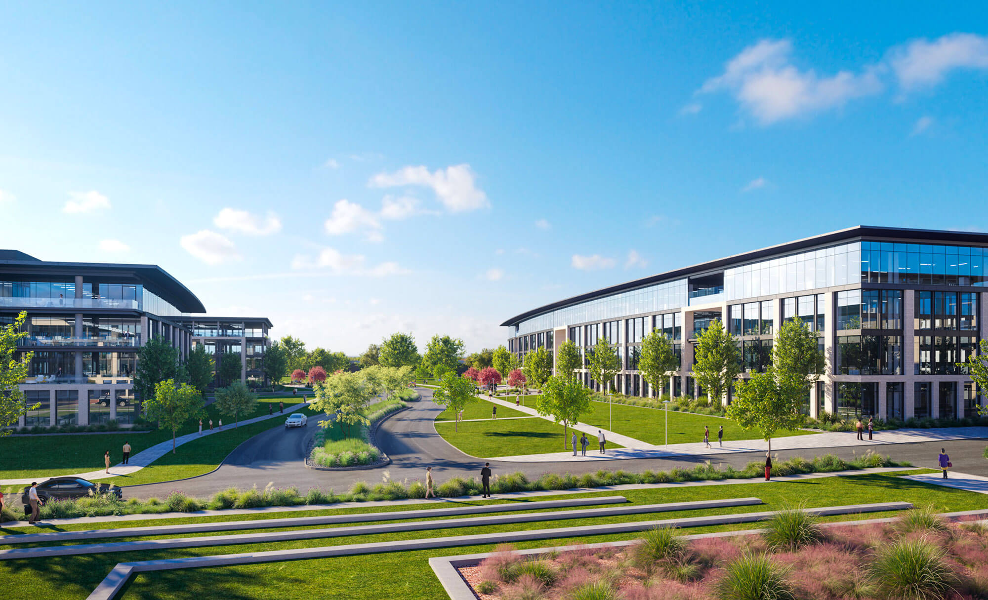 Modern office complex at Duval with landscaped pathways, trees, and people walking