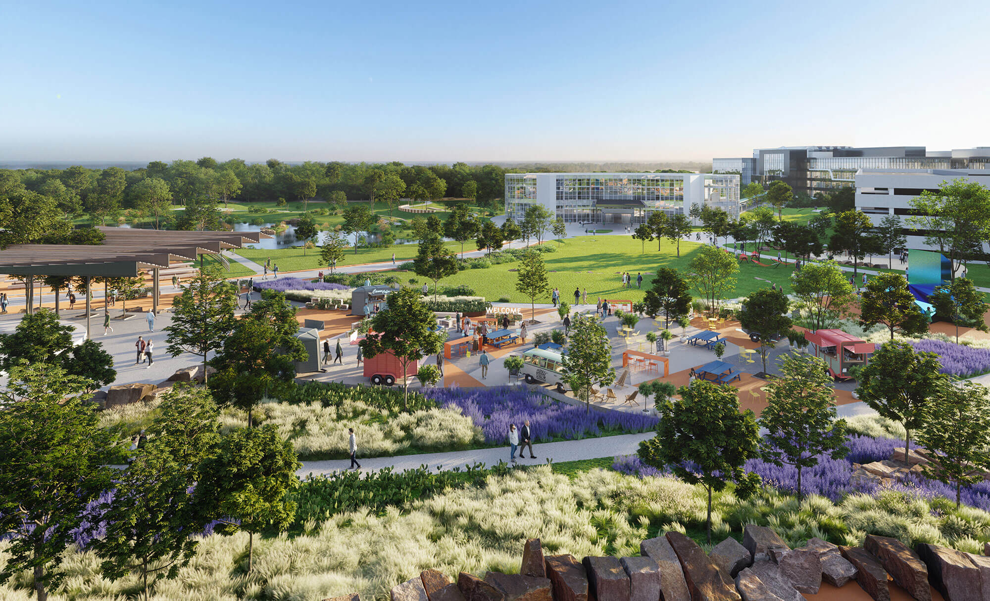 Highpoint's expansive park area with various food stalls, people, and scenic views