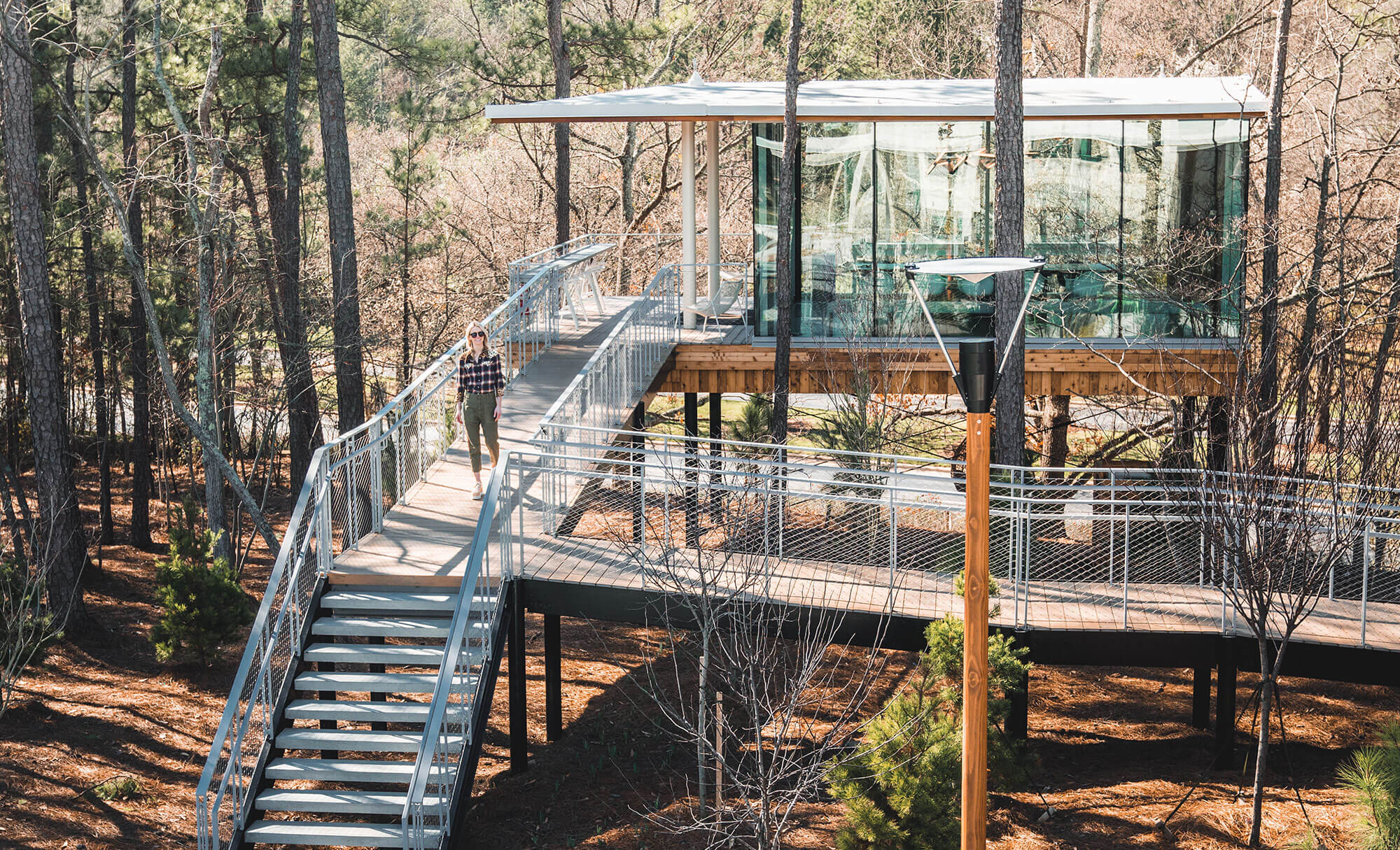 Parmer RTP's innovative workspace featuring a glass room connected by a metal staircase in the woods