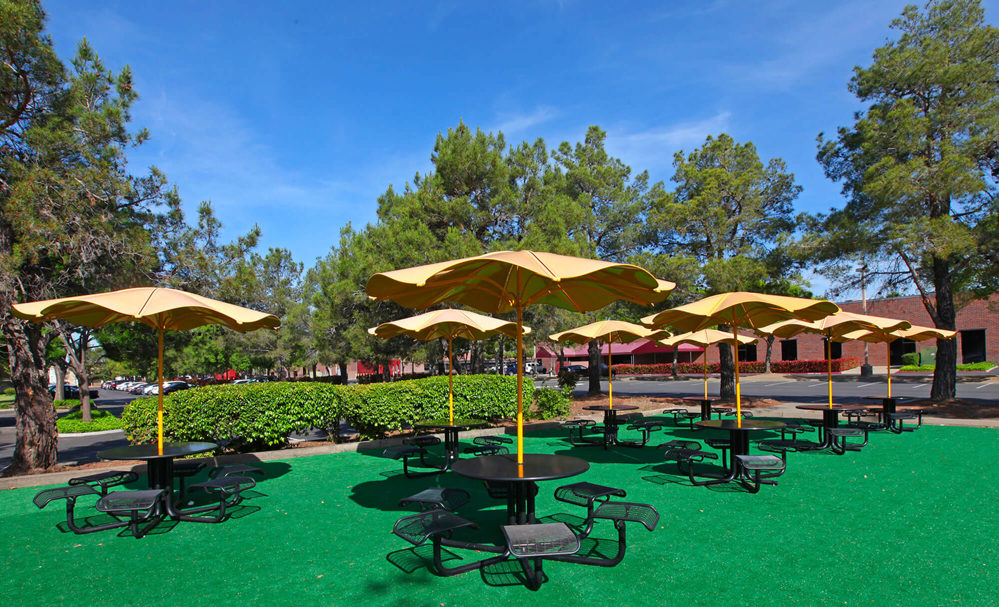 Green outdoor area at Parmer West with multiple yellow-shaded picnic tables