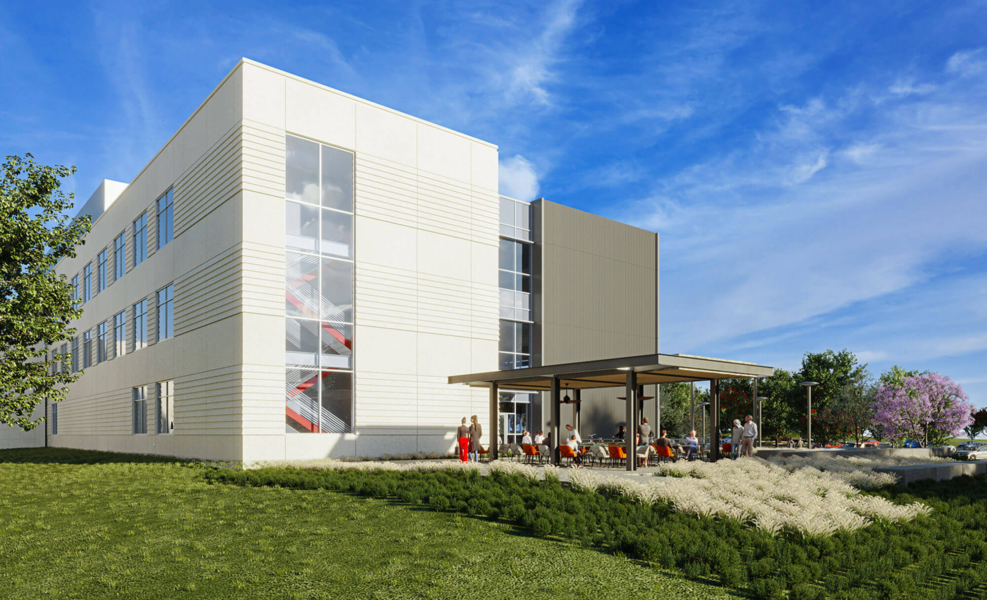 Parmer Woodlands office building featuring modern architecture and shaded outdoor space