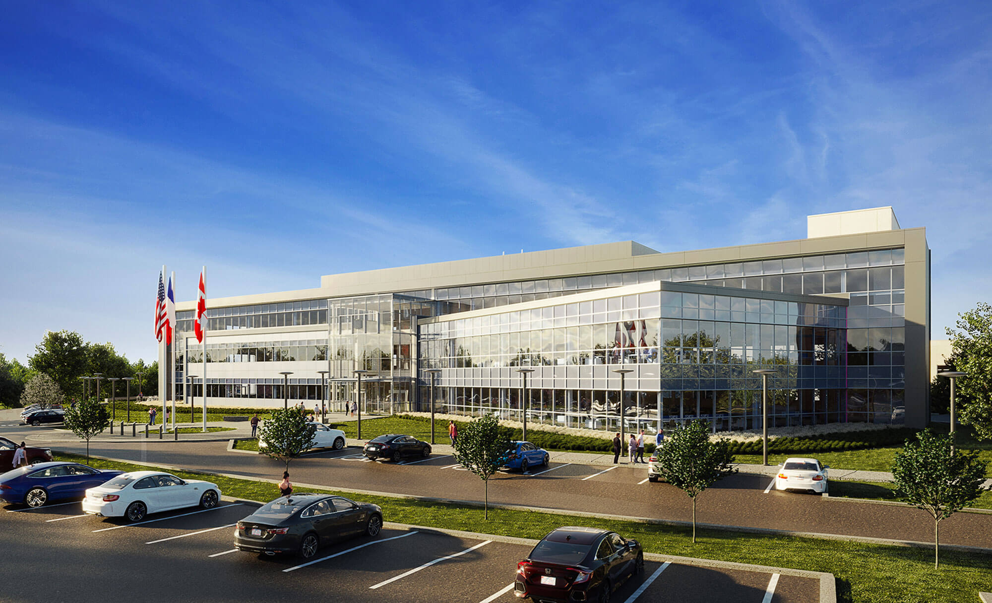 Parmer Woodlands office complex at dusk, highlighting modern design and active courtyard