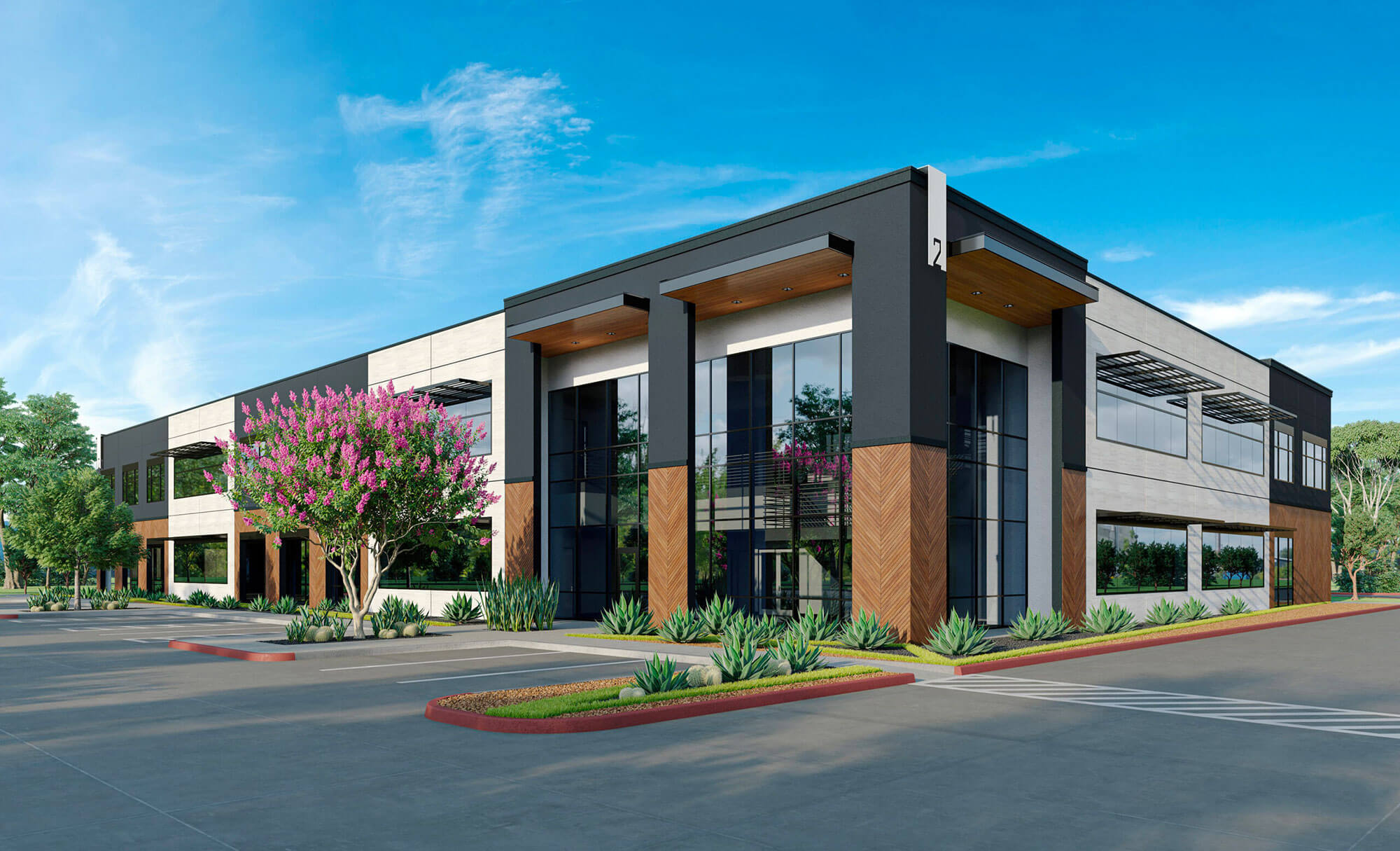 Contemporary office structure with sleek design and manicured landscaping