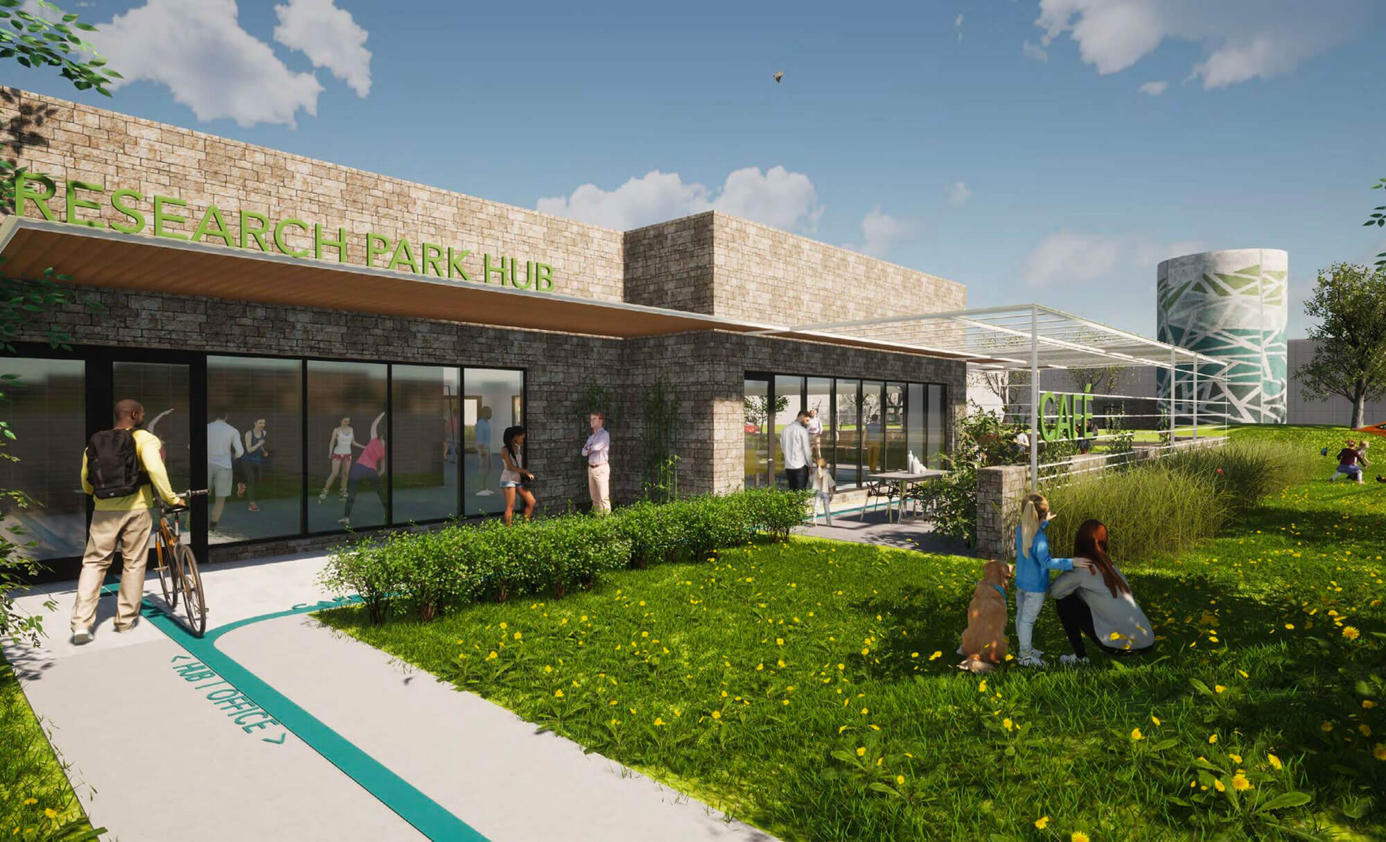 Research park hub with modern design, outdoor seating, and vibrant green spaces