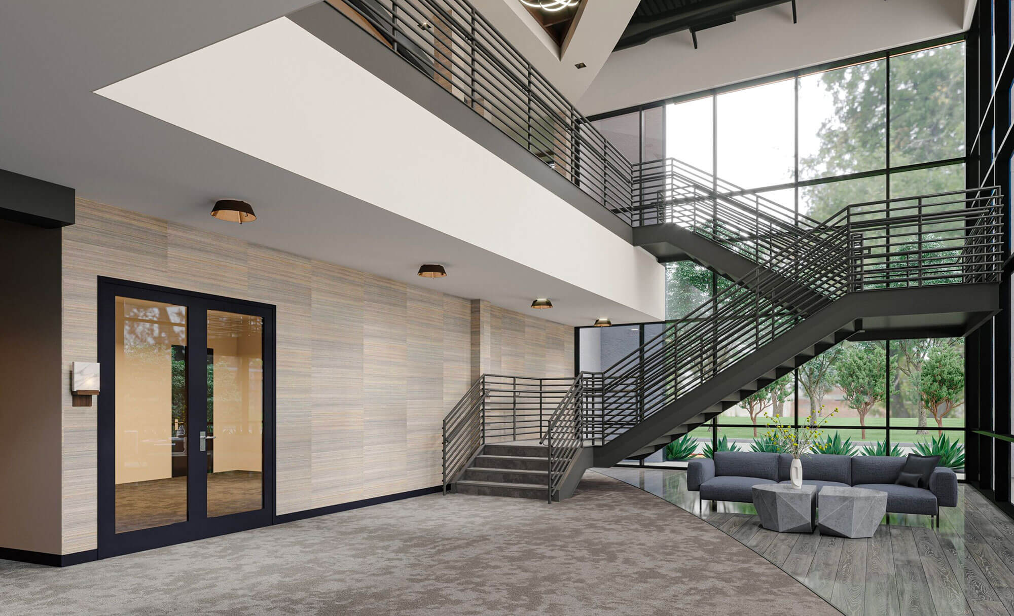 Chic lobby featuring plush sofas, large windows, and a stylish, modern vibe