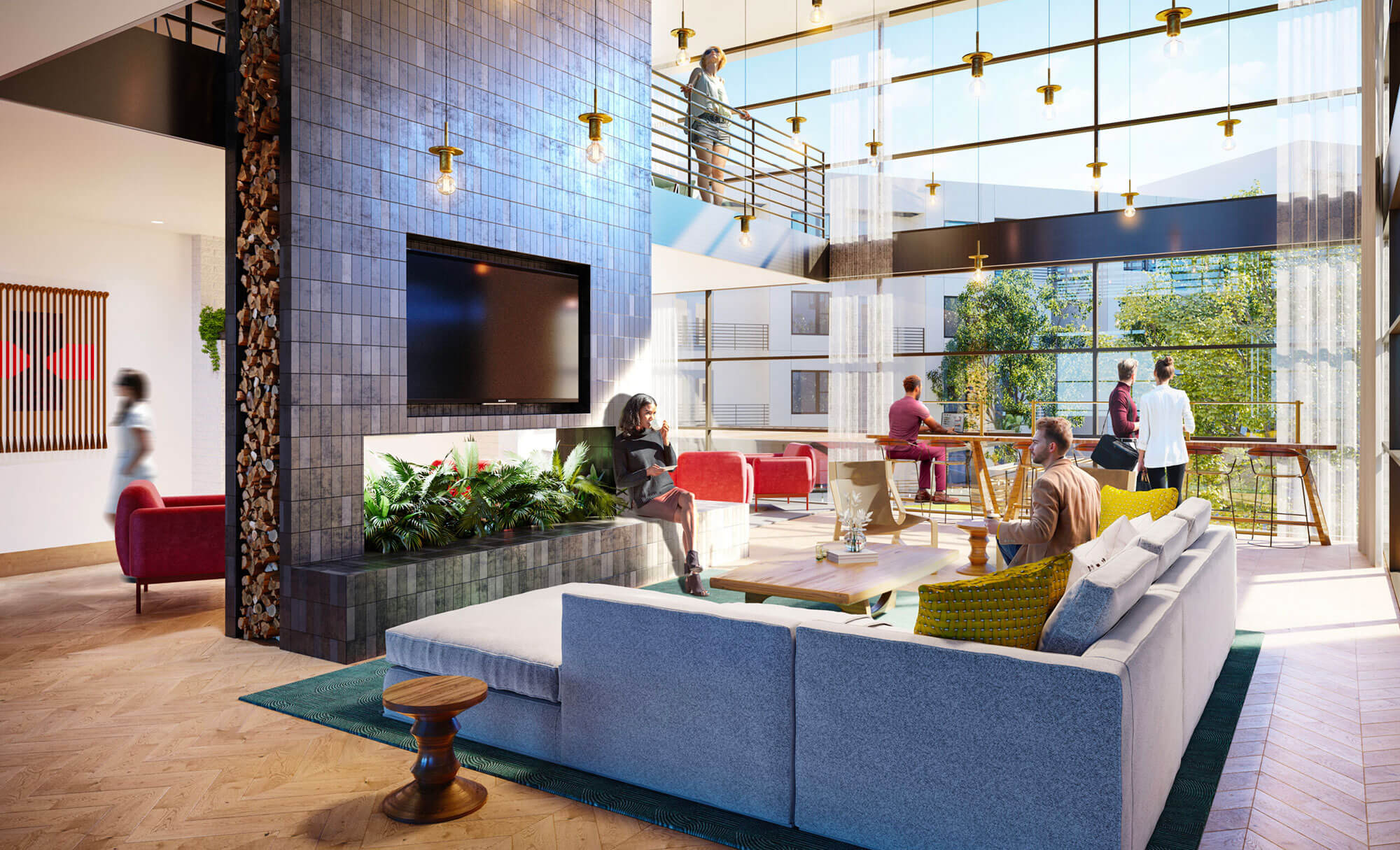 Modern lounge with wicker hanging chairs, stylish bar, and people socializing