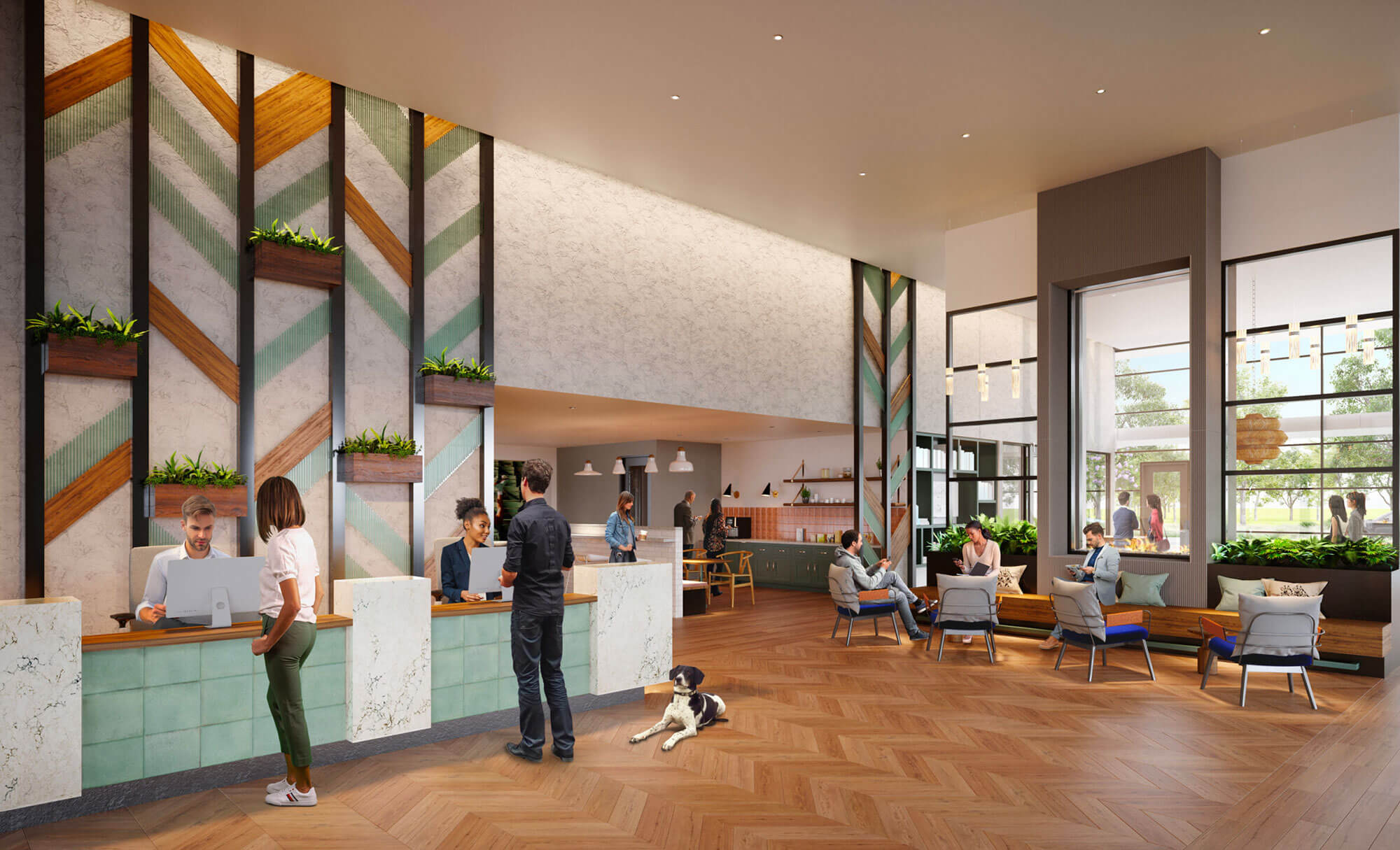 Welcoming lobby with reception desks, vibrant decor, and people interacting