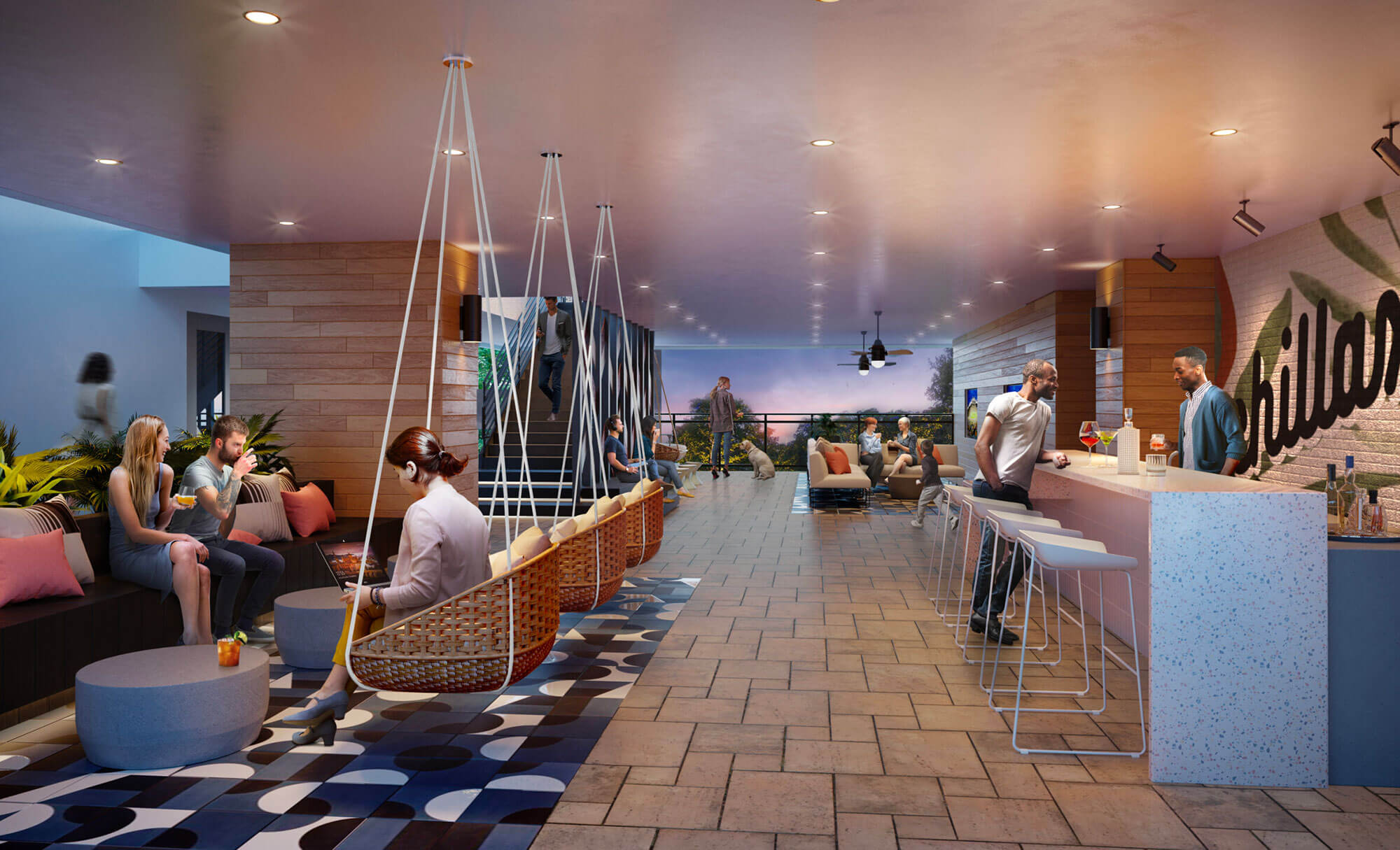 Chic indoor lounge area with hanging chairs, a bar, and a vibrant social scene