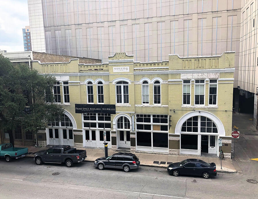 View of the historic Phillips Building in Austin, TX